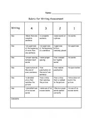 English Worksheet: Writing Rubric