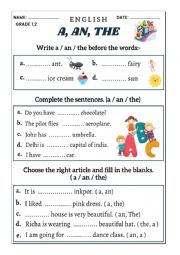 English Worksheet: Articles (a, an and the)