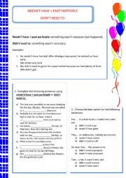 English Worksheet: NEEDN�T HAVE + PAST PARTICIPLE OR DIDN�T NEED TO