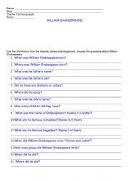 English Worksheet: William Shakespeare