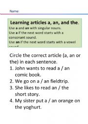 English Worksheet: articles a or an