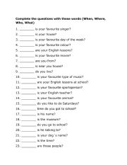 English Worksheet: When, Where, Who, What: Question Words