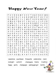 English Worksheet: New Year Word Search