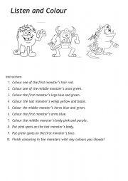 English Worksheet: Listen and colour the monsters