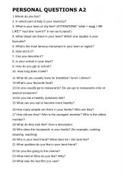 Personal questions A2 - ESL worksheet by veronicanegri@hotmail.it