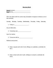 English Worksheet: Morning Work- Learning the Days of the Week