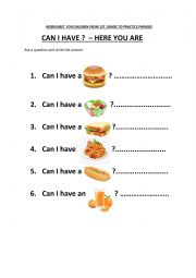 Worksheet - first grade. Practise phrases - Can I have? Here you are. 