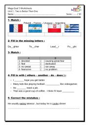 English Worksheet: Mega Goal 5 Worksheet  Unit 1 : Two is Better Than One  