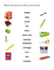 English Worksheet: School supplies matching game