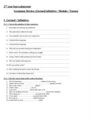 English Worksheet: Grammar exercises review (gerund infinitive / Modals / Tenses)
