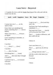 English Worksheet: I was here by Beyonce Music Worksheet