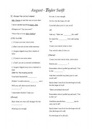 English Worksheet:  Song August by Taylor Swift 