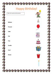 English Worksheet: Birthday vocabulary matching words and pictures