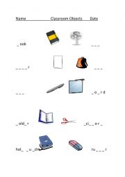 English Worksheet: Classroom objects gapfill