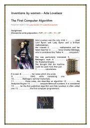 English Worksheet: Inventions by women Ada Lovelace - prepositions in, on, to , for, of