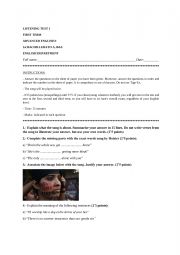 English Worksheet: Listening Test (song) Advanced English (1st and 2nd Bachillerato)