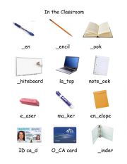 Classroom objects vocabulary with gap filling