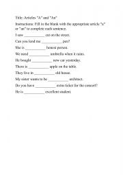 English Worksheet: articles a and an