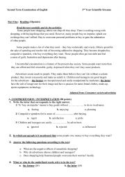 English Worksheet: adapted Second Term Examination of English           shopping;                                             