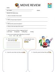 English Worksheet: MOVIE REVIEW INSIDE OUT