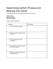 English Worksheet: Determining Purpose and Meaning Using Article