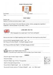 English Worksheet: Student Information Sheet