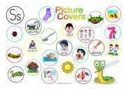 English Worksheet: Ss Picture Covers: An exercise in phonics with answer key and cumulative notes.