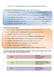 English Worksheet: Modals of obligation, lack of necessity and prohibition