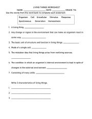 English Worksheet: LIVING THINGS WORKSHEET 