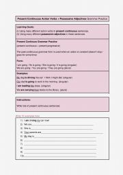 English Worksheet: Present Continuous Action Verbs + Possessive Adjectives Grammar Practice