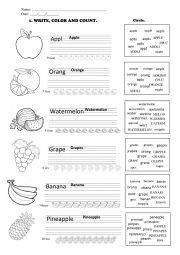 English Worksheet: Fruits - writing and counting