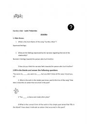 English Worksheet: Worksheet Cry me a River by Justin Tiberlake