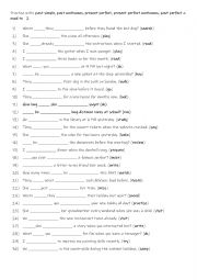 English Worksheet: perfect, presenA2+-B1 Practise with past simple, past continuous, present t perfect continuous, past perfect & used to   2