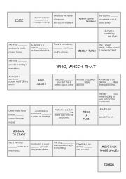 English Worksheet: Relative clauses board game