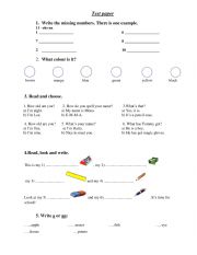 English Worksheet: Test units 1 and 2 Booklet 3rd grade