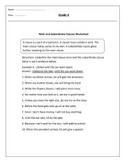 English Worksheet: Main and Subordinate Clause