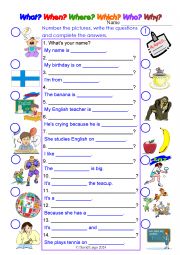 English Worksheet: Wh Question Words Worksheet with Key