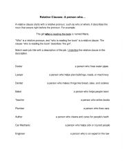 English Worksheet: Relative clauses: A person who...