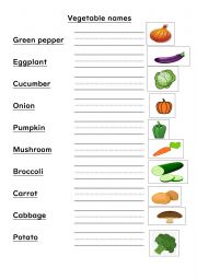 English Worksheet: Vegetable Names - Writing parctice