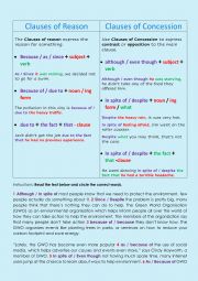 English Worksheet: Clauses of Reason and Concessions