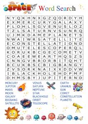 English Worksheet: Space wordsearch 