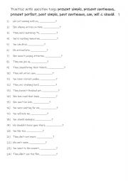 English Worksheet: A2+-B1 Practise with question tags present simple, present continuous, present perfect, past simple, past continuous, can, will & should.  1