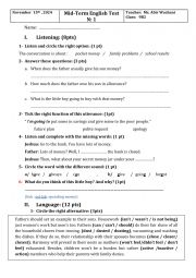 English Worksheet: Mid term test N 1 - 9th form