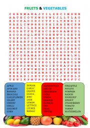 English Worksheet: AN ADVANCE WORD SEARCH FRUIT AND VEGETABLES