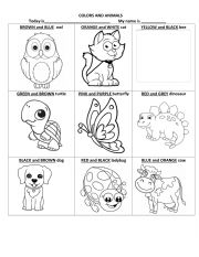 English Worksheet: ANIMALS AND COLORS