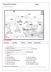 English Worksheet: Read, write and colour- The picnic