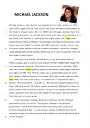 English Worksheet: Michael Jackson Reading comprehension