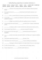 English Worksheet: B1+-B2  15 subordinating conjunctions in complex sentences part 1