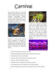 English Worksheet: The carnival in the world Reading comprehension