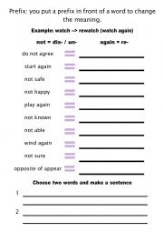 English Worksheet: Prefix re, un, and dis